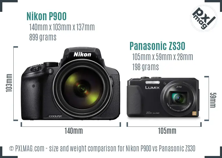 Nikon P900 vs Panasonic ZS30 size comparison