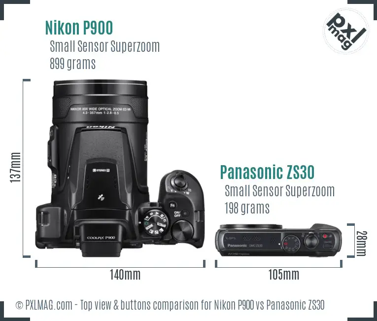 Nikon P900 vs Panasonic ZS30 top view buttons comparison