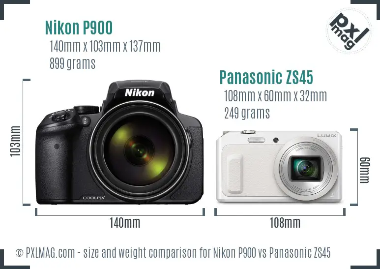 Nikon P900 vs Panasonic ZS45 size comparison