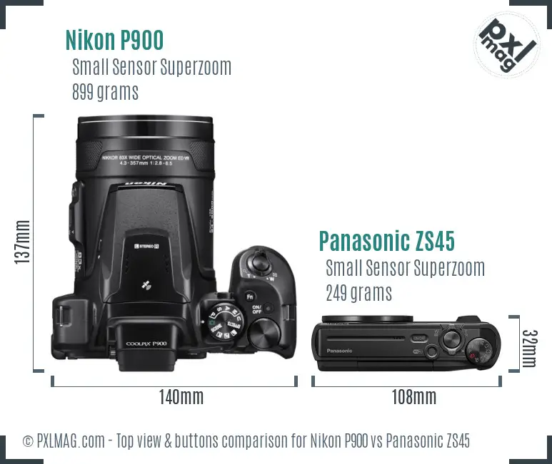 Nikon P900 vs Panasonic ZS45 top view buttons comparison