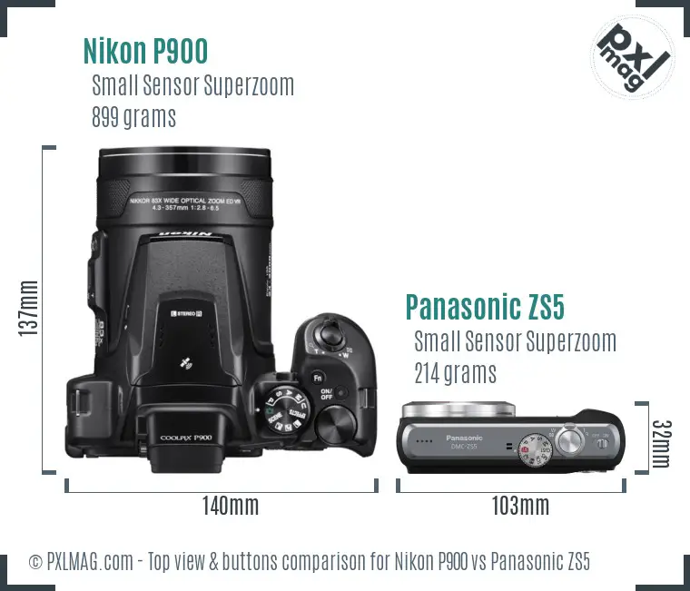 Nikon P900 vs Panasonic ZS5 top view buttons comparison