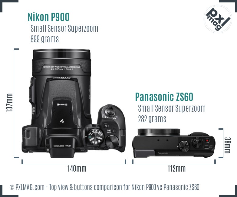 Nikon P900 vs Panasonic ZS60 top view buttons comparison