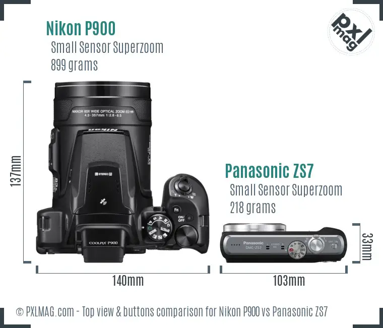 Nikon P900 vs Panasonic ZS7 top view buttons comparison