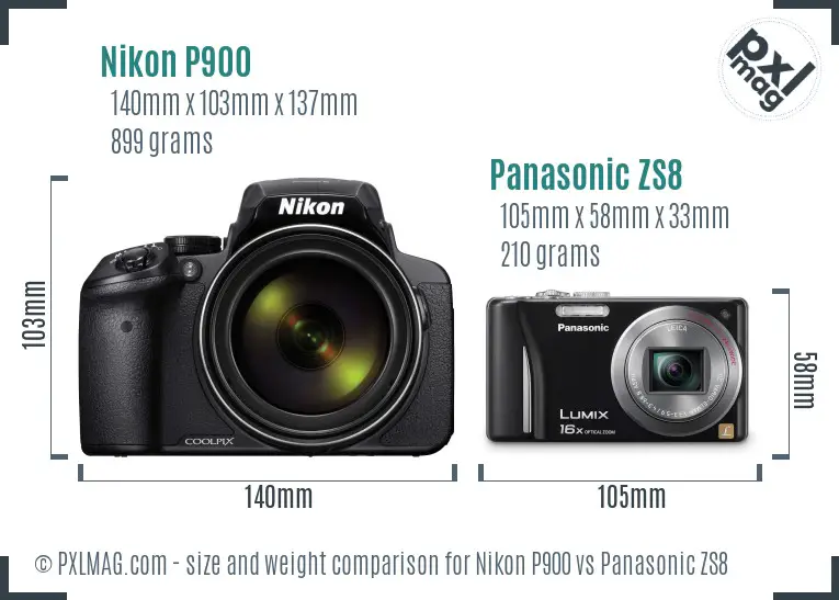 Nikon P900 vs Panasonic ZS8 size comparison