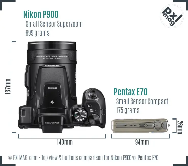 Nikon P900 vs Pentax E70 top view buttons comparison Nikon P900 vs Pentax E70 top view buttons comparison