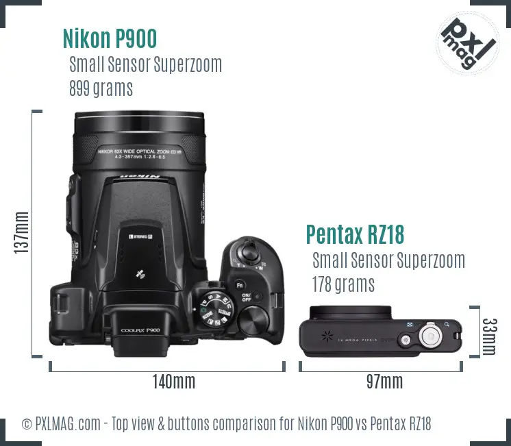 Nikon P900 vs Pentax RZ18 top view buttons comparison