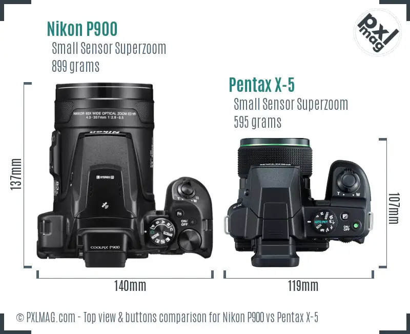 Nikon P900 vs Pentax X-5 top view buttons comparison