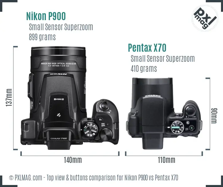 Nikon P900 vs Pentax X70 top view buttons comparison