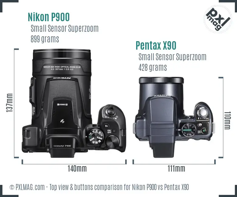 Nikon P900 vs Pentax X90 top view buttons comparison