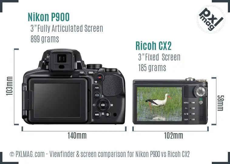 Nikon P900 vs Ricoh CX2 Screen and Viewfinder comparison