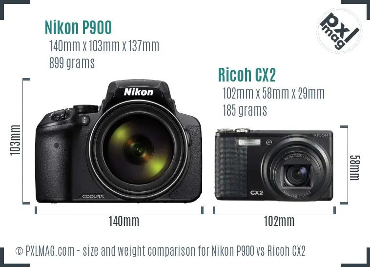 Nikon P900 vs Ricoh CX2 size comparison