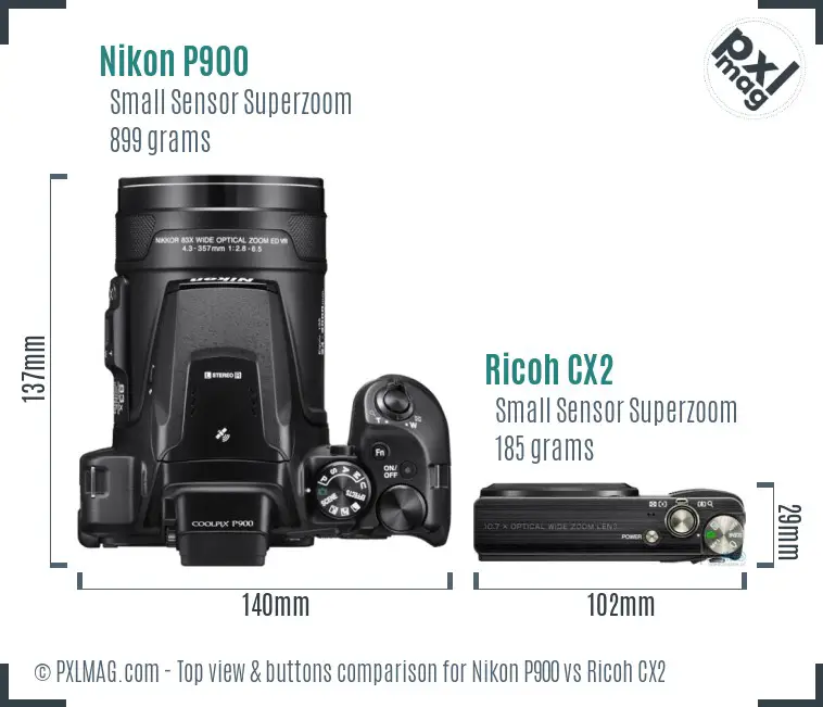 Nikon P900 vs Ricoh CX2 top view buttons comparison