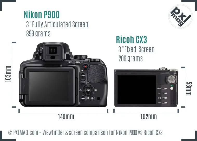 Nikon P900 vs Ricoh CX3 Screen and Viewfinder comparison