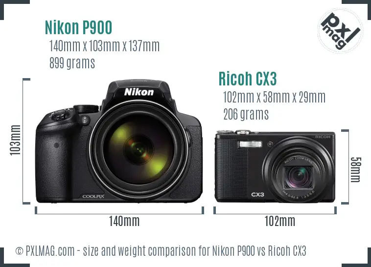 Nikon P900 vs Ricoh CX3 size comparison