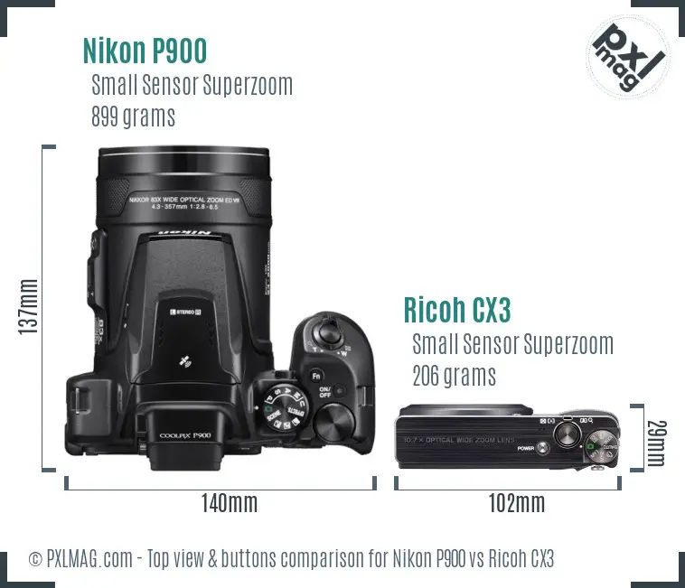 Nikon P900 vs Ricoh CX3 top view buttons comparison