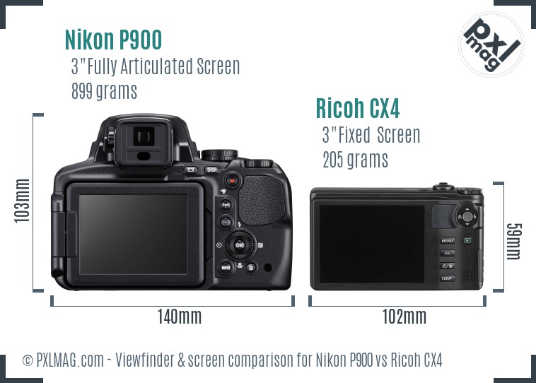 Nikon P900 vs Ricoh CX4 Screen and Viewfinder comparison