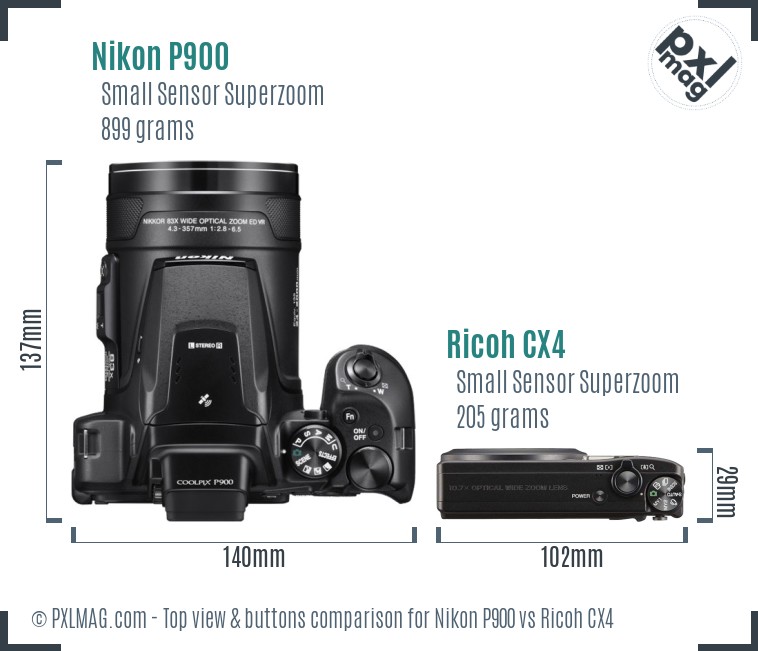 Nikon P900 vs Ricoh CX4 top view buttons comparison