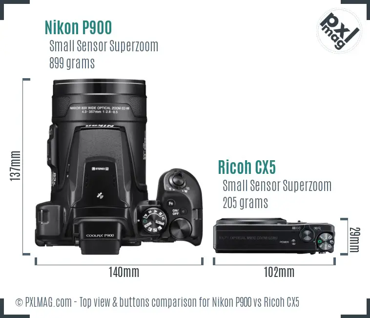 Nikon P900 vs Ricoh CX5 top view buttons comparison Nikon P900 vs Ricoh CX5 top view buttons comparison