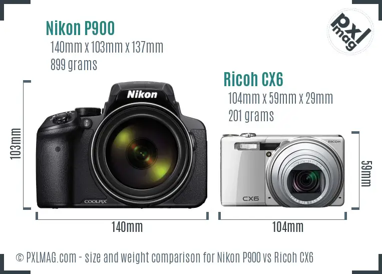 Nikon P900 vs Ricoh CX6 size comparison