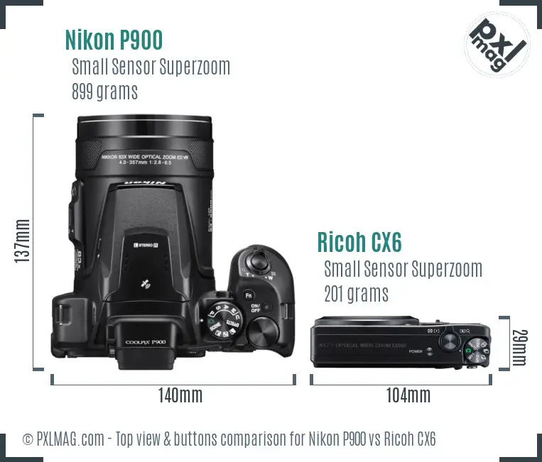 Nikon P900 vs Ricoh CX6 top view buttons comparison