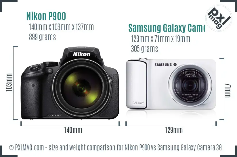 Nikon P900 vs Samsung Galaxy Camera 3G size comparison