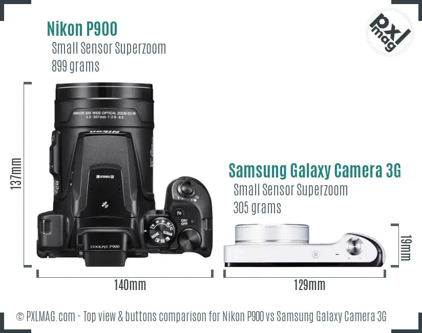 Nikon P900 vs Samsung Galaxy Camera 3G top view buttons comparison
