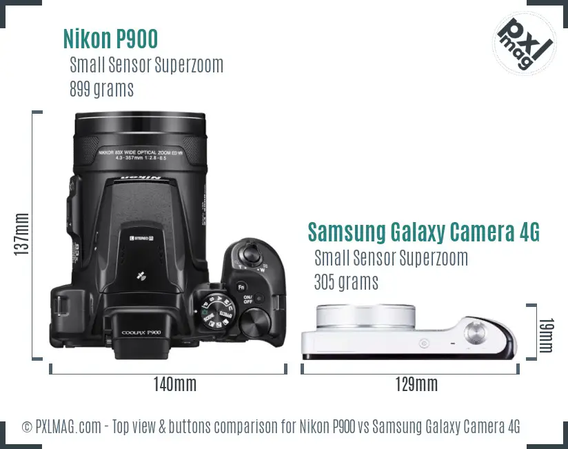 Nikon P900 vs Samsung Galaxy Camera 4G top view buttons comparison Nikon P900 vs Samsung Galaxy Camera 4G top view buttons comparison