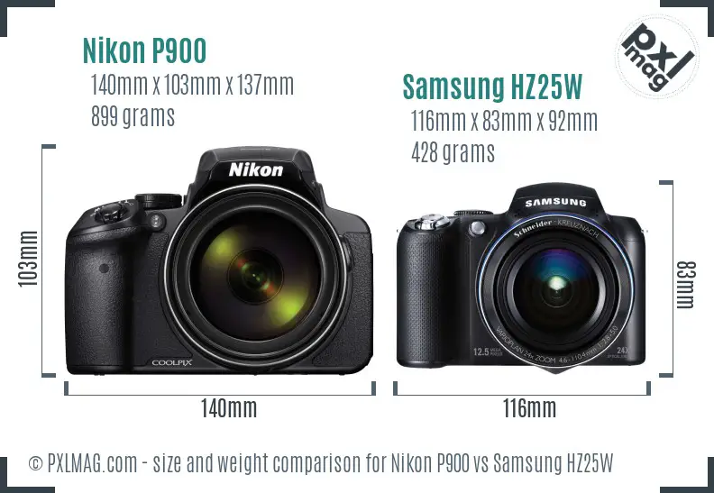 Nikon P900 vs Samsung HZ25W size comparison