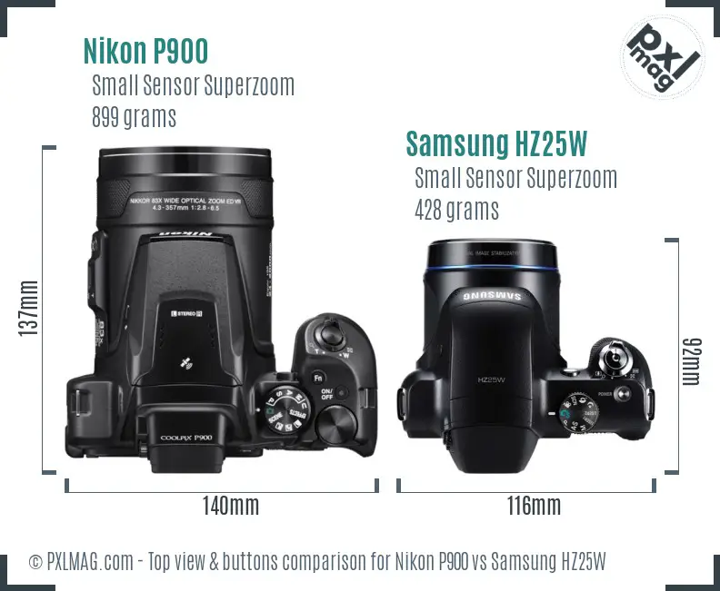 Nikon P900 vs Samsung HZ25W top view buttons comparison