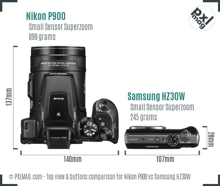 Nikon P900 vs Samsung HZ30W top view buttons comparison Nikon P900 vs Samsung HZ30W top view buttons comparison