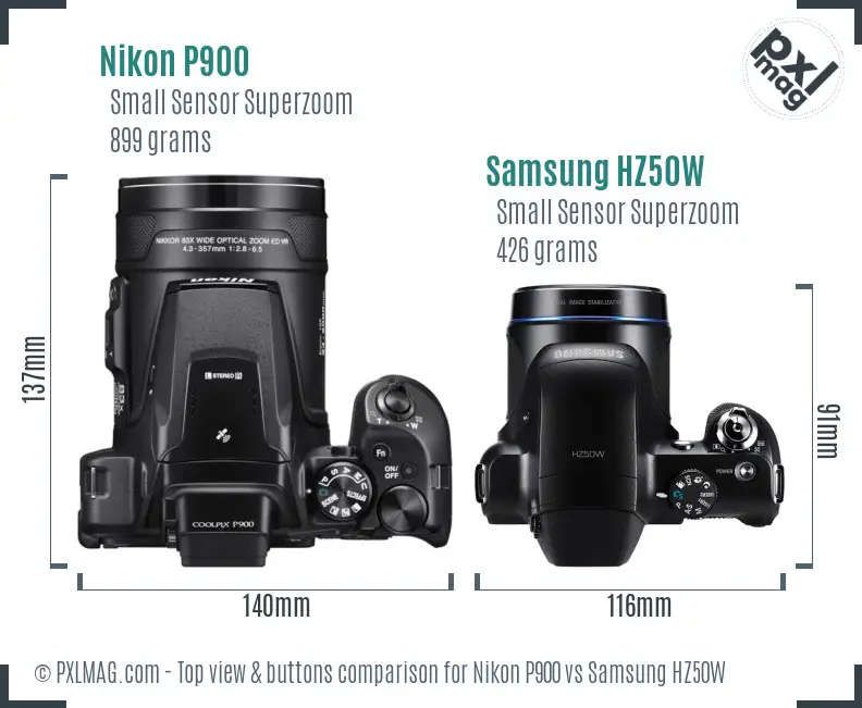 Nikon P900 vs Samsung HZ50W top view buttons comparison