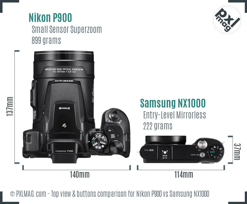 Nikon P900 vs Samsung NX1000 top view buttons comparison