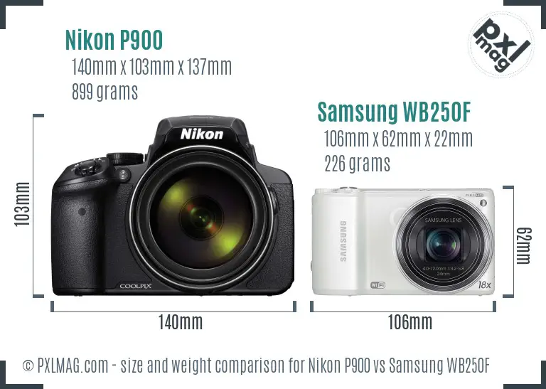 Nikon P900 vs Samsung WB250F size comparison
