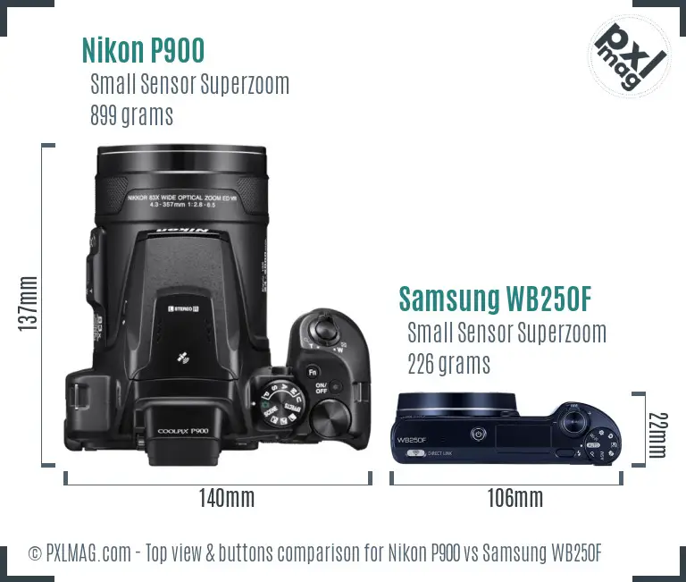 Nikon P900 vs Samsung WB250F top view buttons comparison