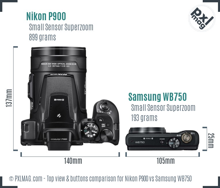 Nikon P900 vs Samsung WB750 top view buttons comparison