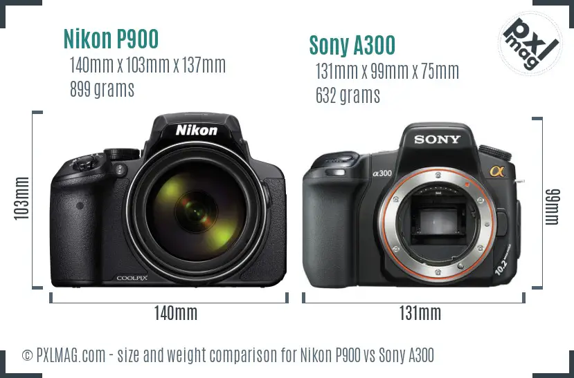 Nikon P900 vs Sony A300 size comparison