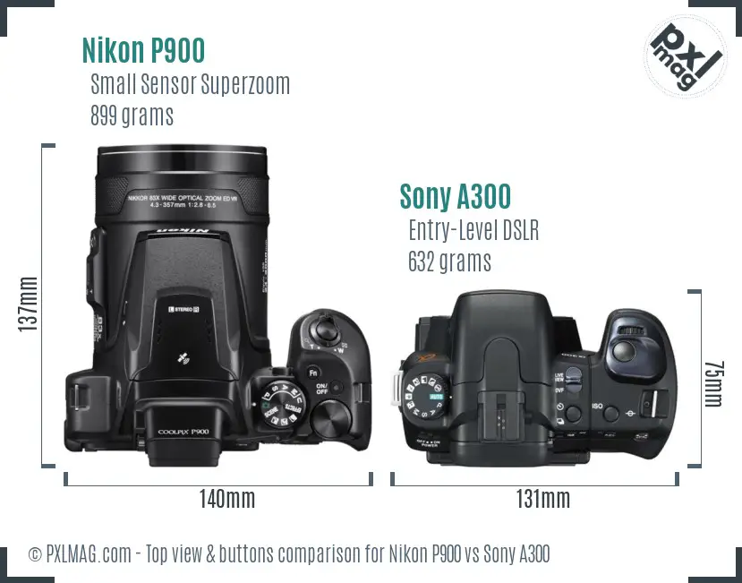 Nikon P900 vs Sony A300 top view buttons comparison
