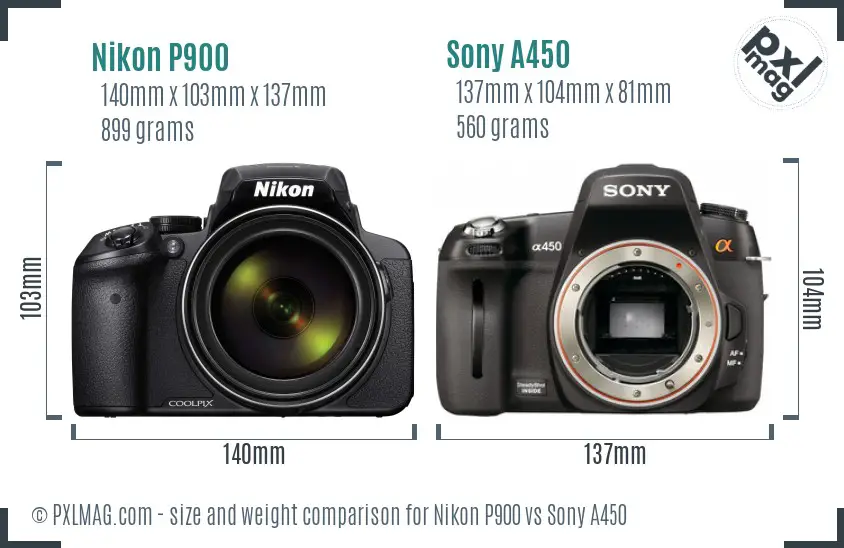Nikon P900 vs Sony A450 size comparison