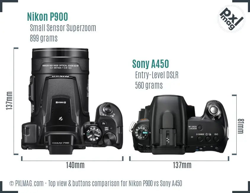 Nikon P900 vs Sony A450 top view buttons comparison