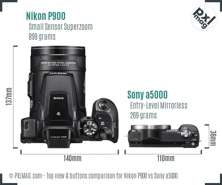 Nikon P900 vs Sony a5000 top view buttons comparison