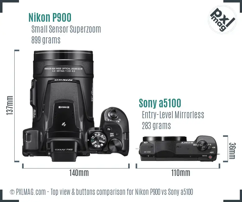 Nikon P900 vs Sony a5100 top view buttons comparison