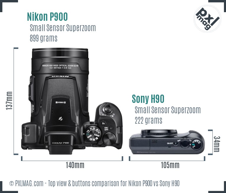 Nikon P900 vs Sony H90 top view buttons comparison
