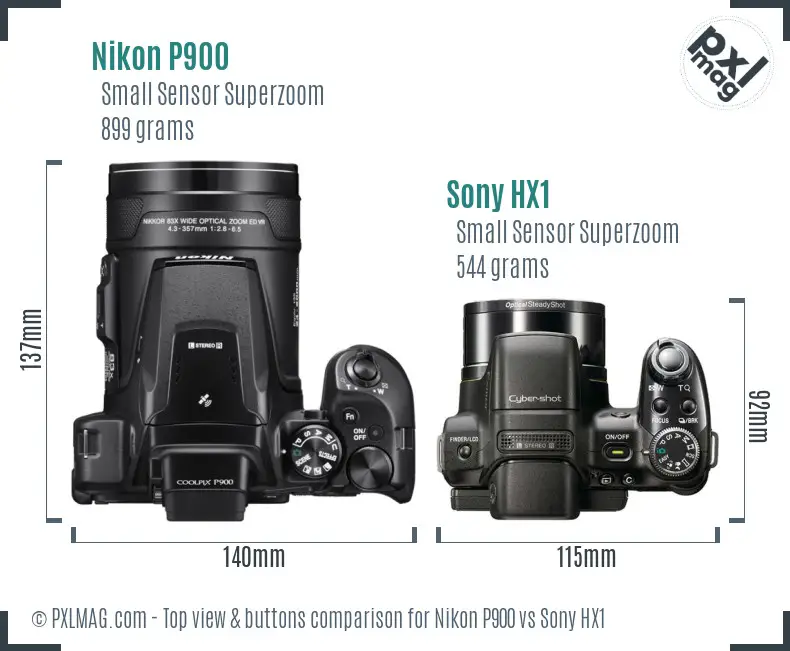 Nikon P900 vs Sony HX1 top view buttons comparison