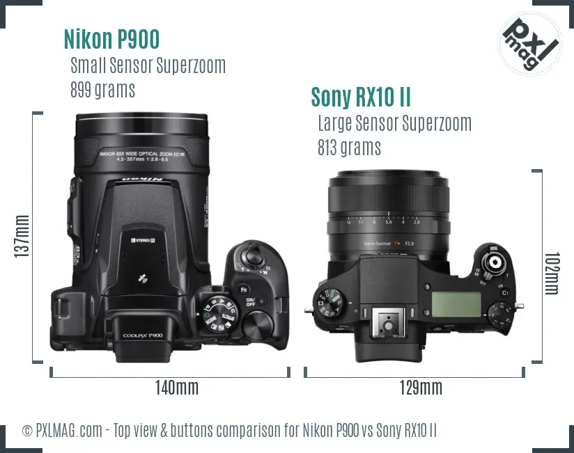 Nikon P900 vs Sony RX10 II top view buttons comparison