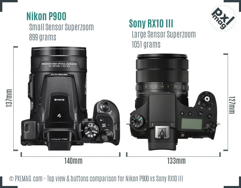 Nikon P900 vs Sony RX10 III top view buttons comparison