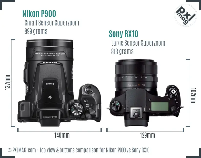 Nikon P900 vs Sony RX10 top view buttons comparison