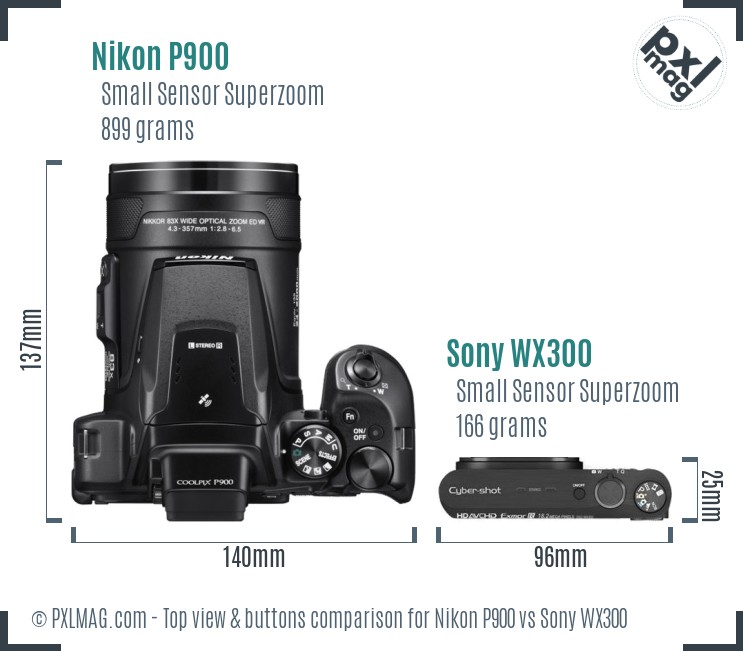 Nikon P900 vs Sony WX300 top view buttons comparison