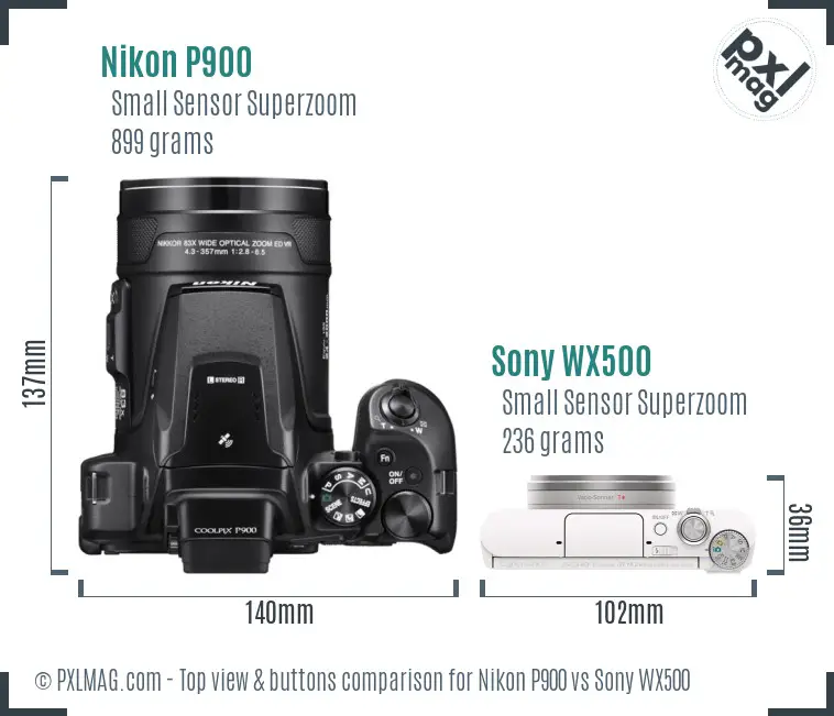Nikon P900 vs Sony WX500 top view buttons comparison