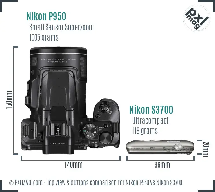 Nikon P950 vs Nikon S3700 top view buttons comparison