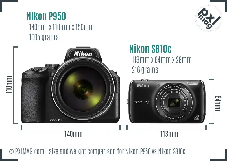 Nikon P950 vs Nikon S810c size comparison
